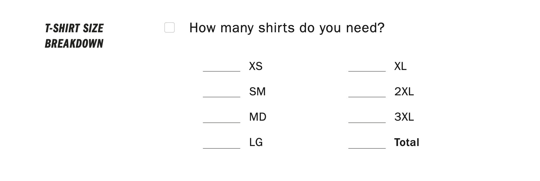 sample of the size chart