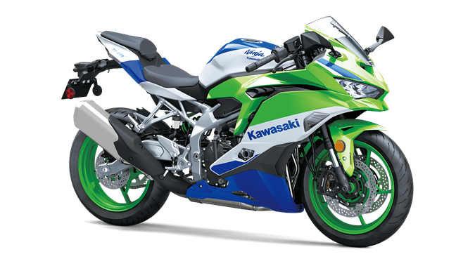Stock picture of a green, blue, and white 2024 Kawasaki Ninja ZX-4RR 40th anniversary edition ABS best motorcycles for beinners