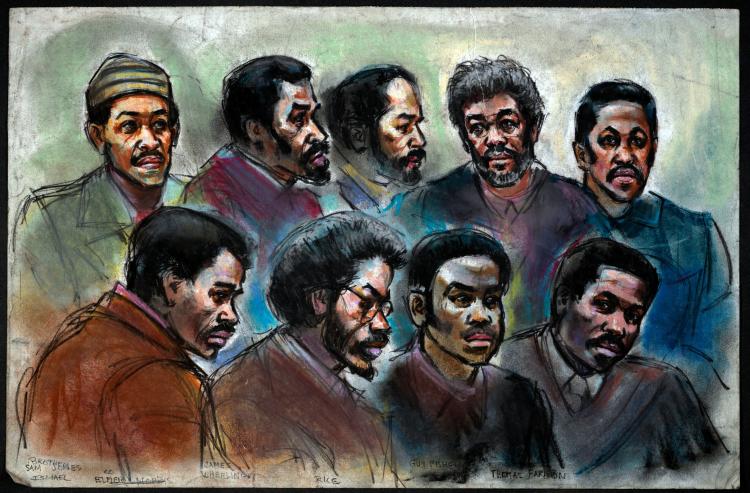 A courtroom sketch of Leroy Nicky Barnes, Guy Fisher, and Elmer Morris. 