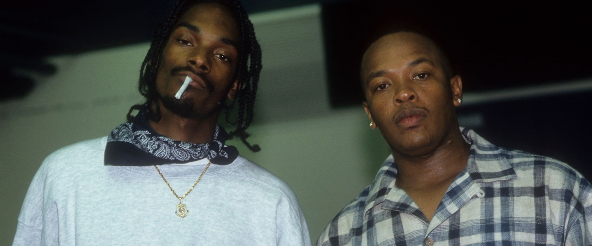 Snoop Dogg and Dr. Dre appear backstage when the Death Row Records label assembles at The Source Awards, held at The Paramount Theater at Madison Square Garden, on August 3, 1995 in New York City. 