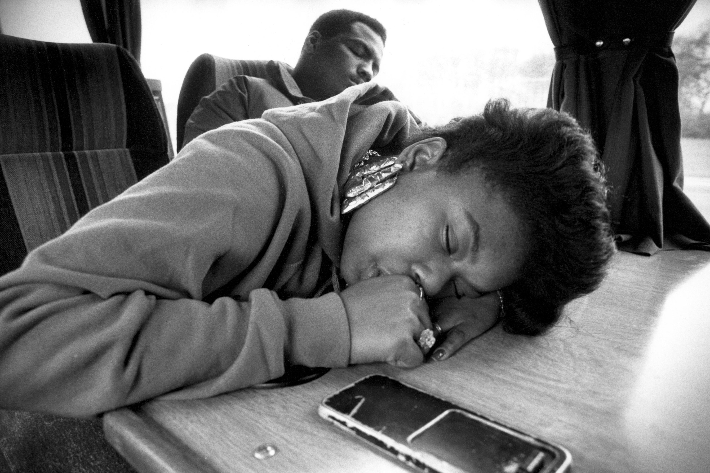 Roxanne Shante sleeping on a bus