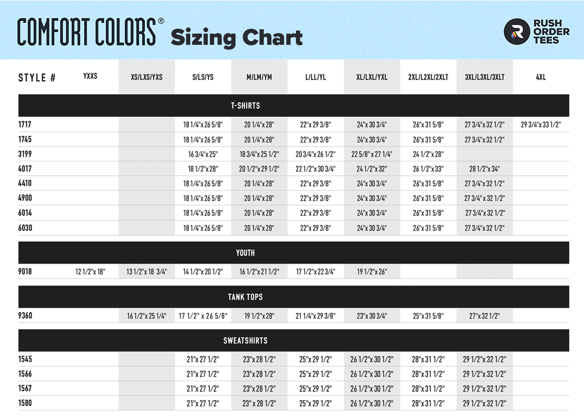 Comfort Colors sizing chart