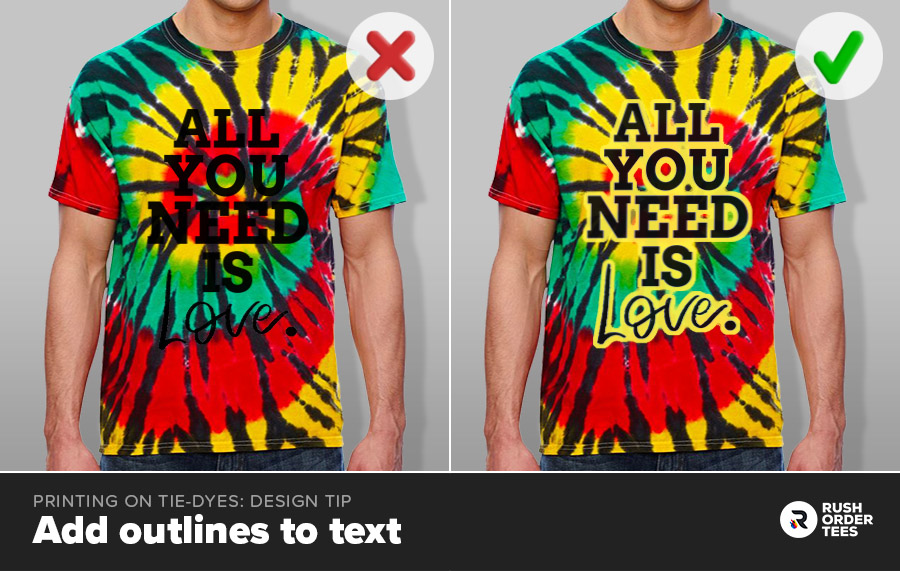 Priting on tie-dyes design tip: Add outlines to text
