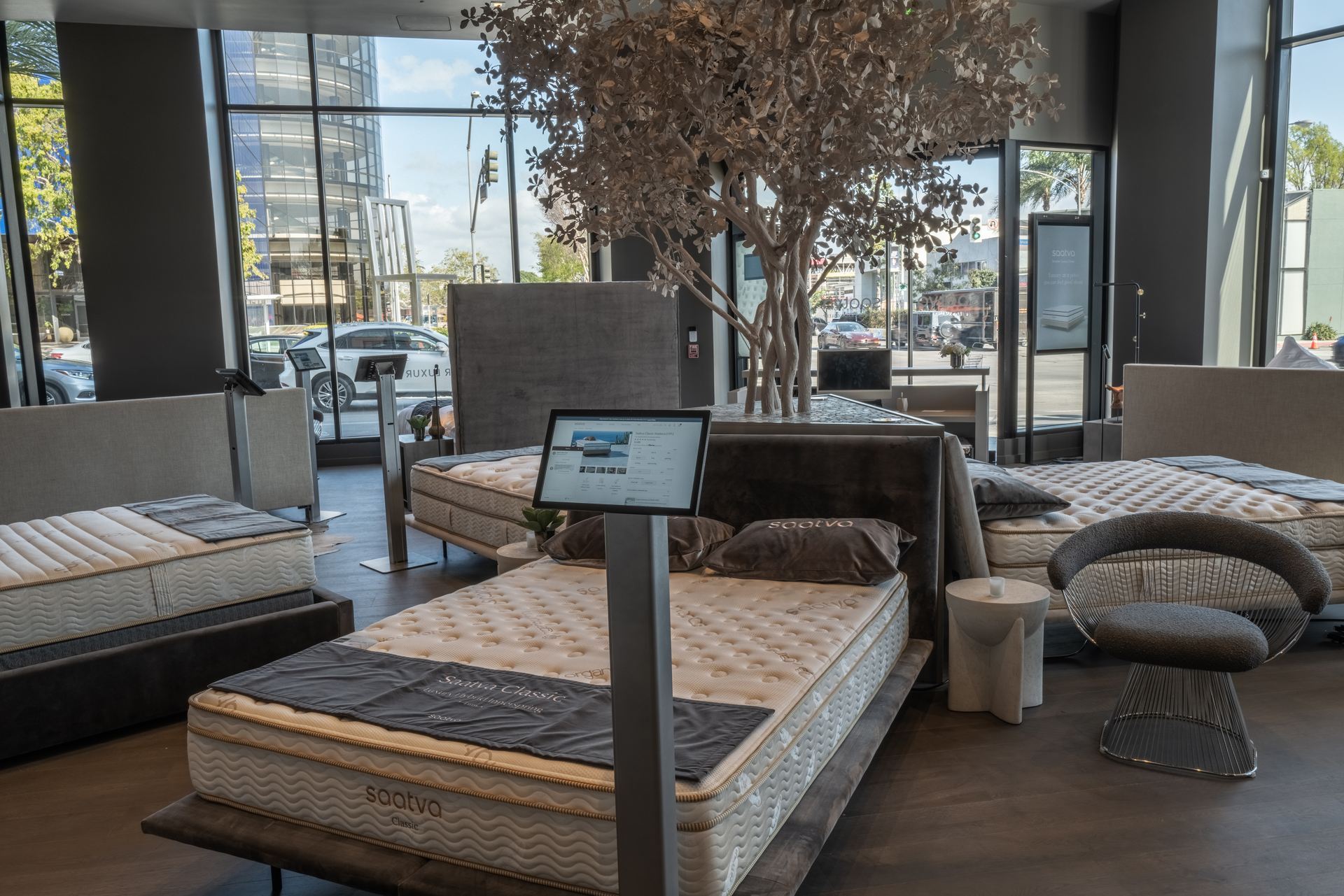 One of the Saatva Los Angeles mattress and bed displays