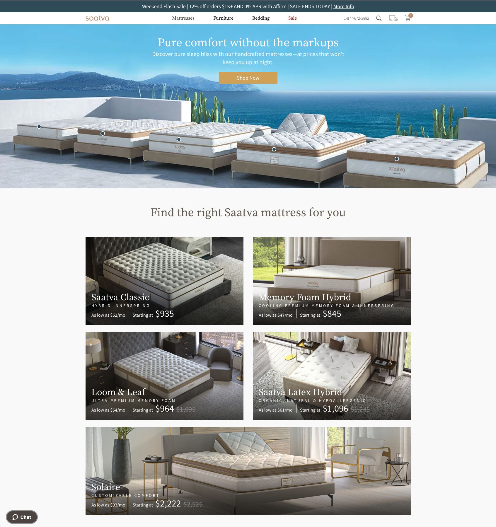 The homepage of the Saatva's website, showcasing its made-to-order, handcrafted mattresses.