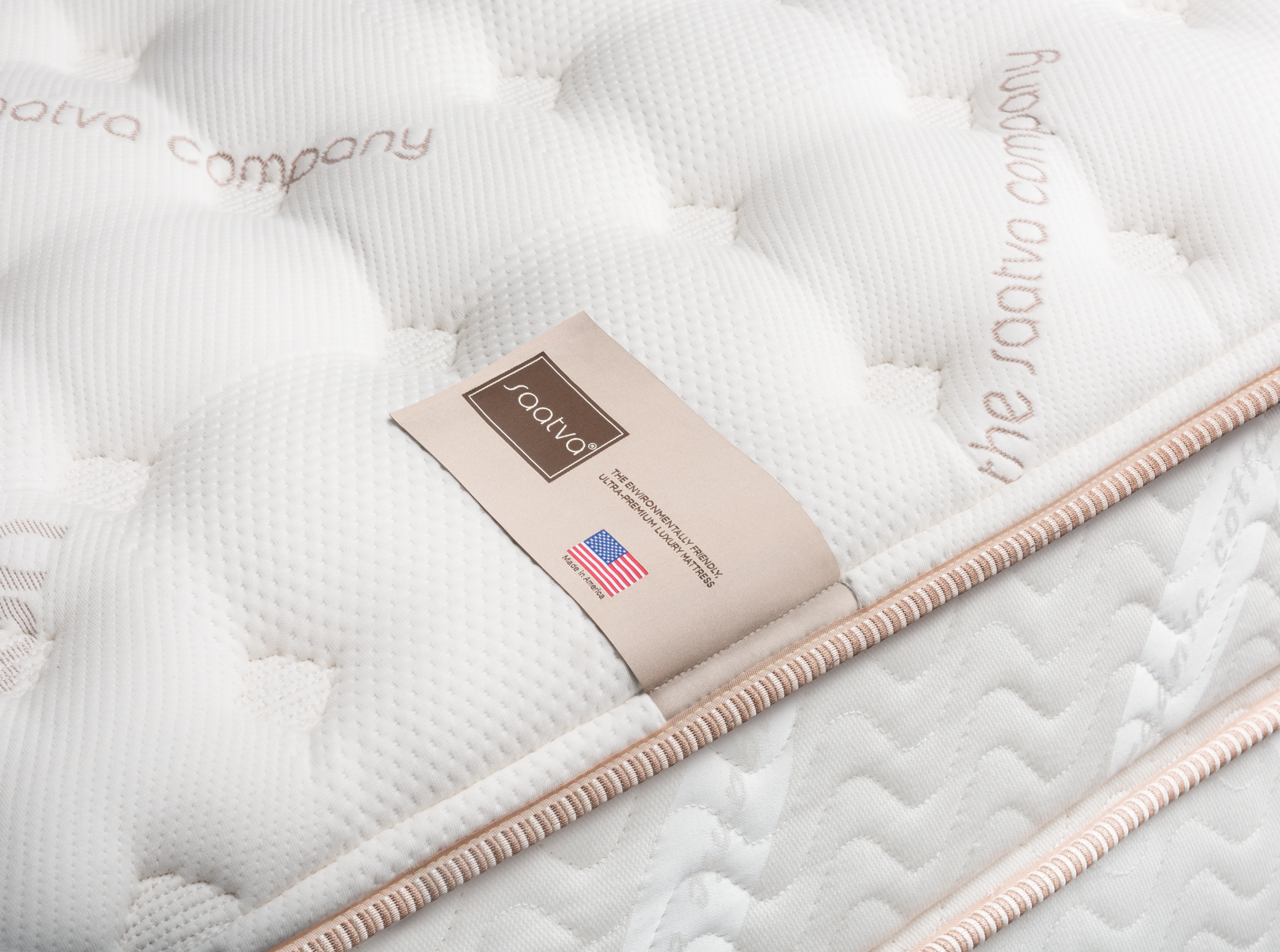 Close up of the Saatva label on one of its eco-friendly, handcrafted, American-made mattresses.