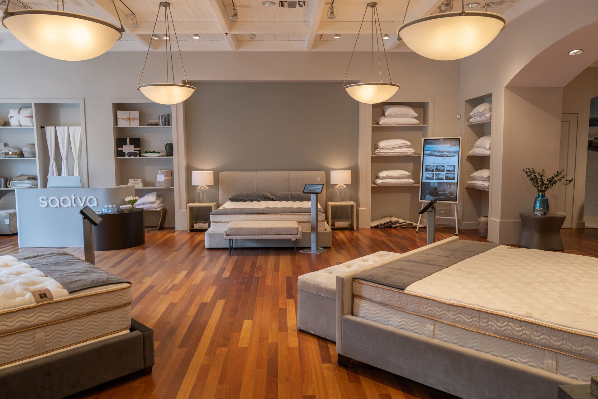The mattress testing area near the front entrance of the Saatva San Diego retail location at the Westfield University Town Center Shopping Center.