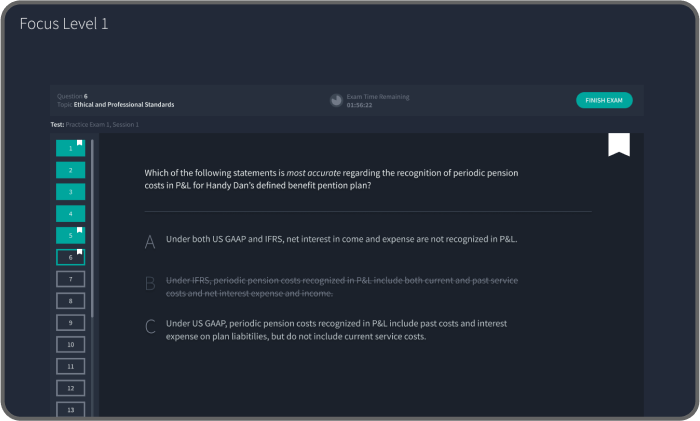 Salt Solutions practice exam interface, modeled after the CFA Institute Prometric interface. Shows a practice exam in progress.