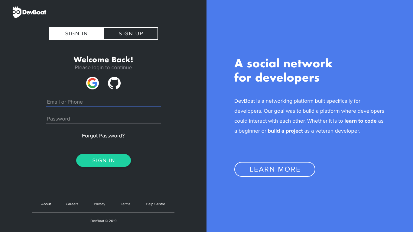 DevBoat - Login Screen