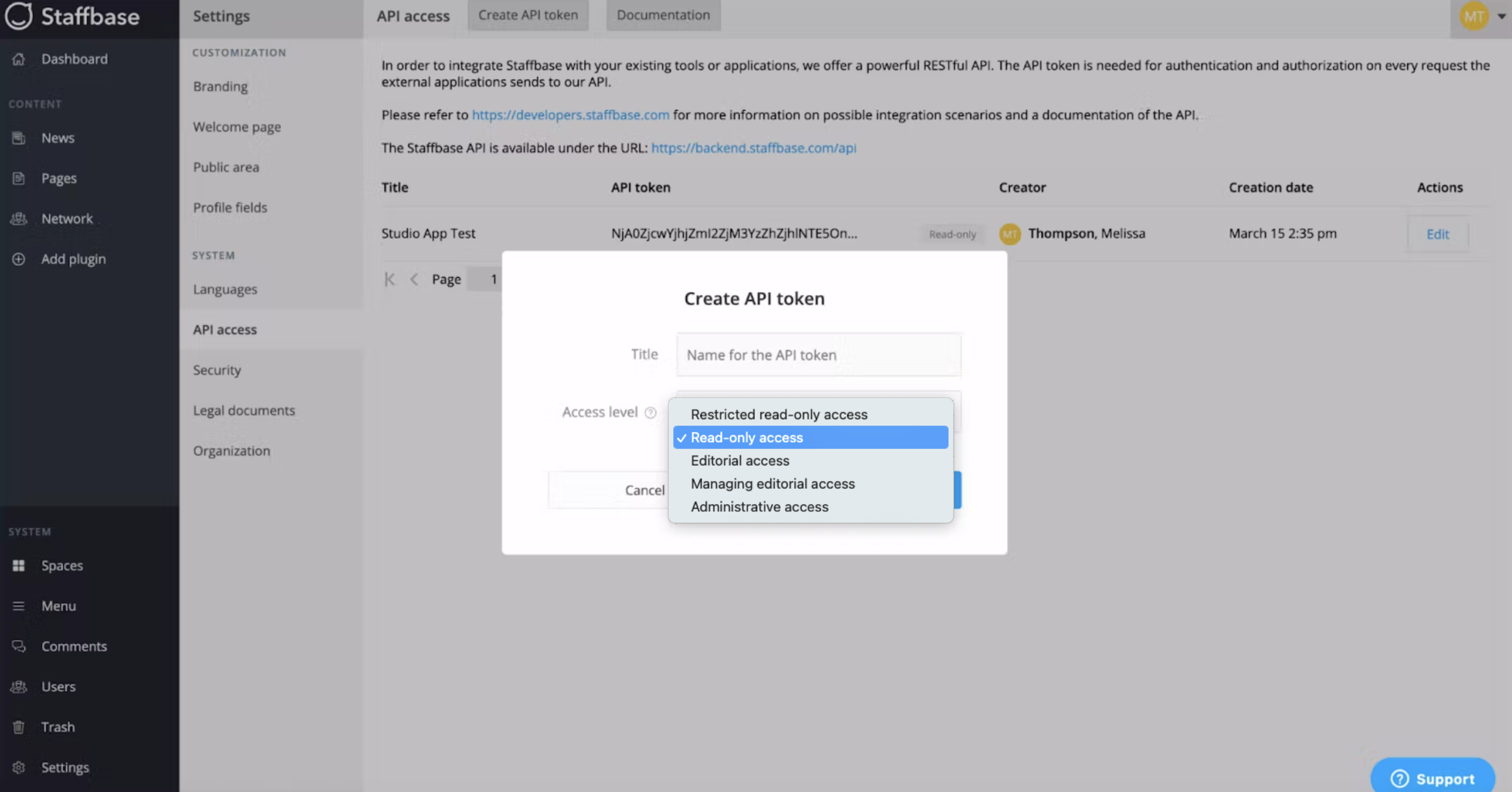 ScreenCloud Staffbase App Guide - Select access for API Key