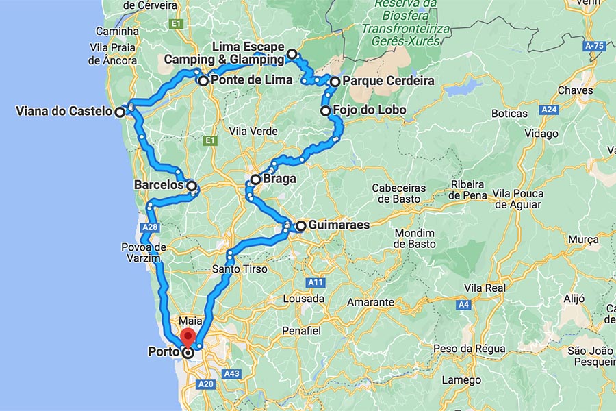 4 day north Portugal road trip itinerary map