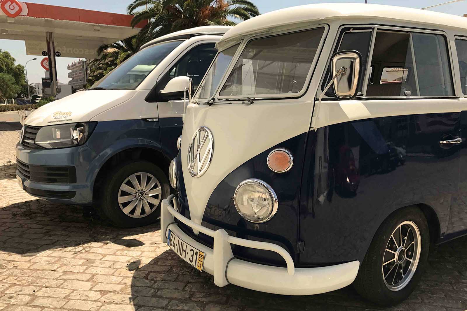Modern and vintage VW camper vans at the Siesta Campers van rental shop.