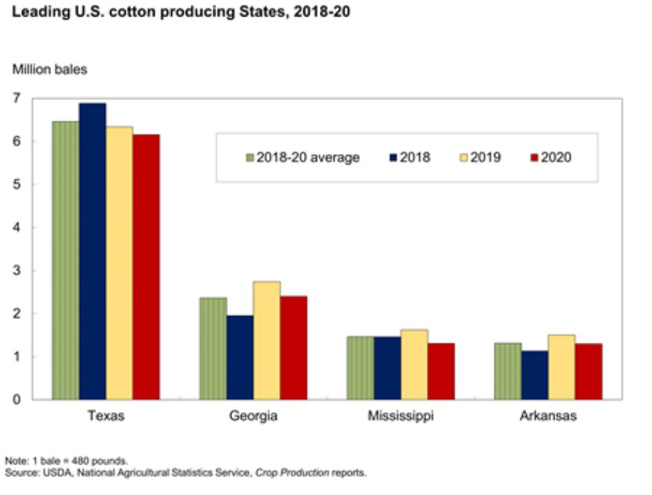 Graph showing the leading cotton producing states in the US from 2018-2020