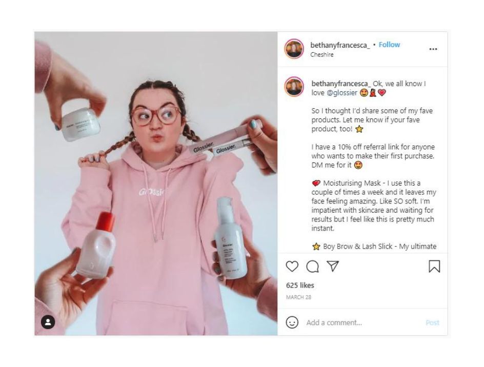 Post on Instagram from bethanyfrancesca showing a giveaway partnership with Glossier to give away their branded sweatshirt
