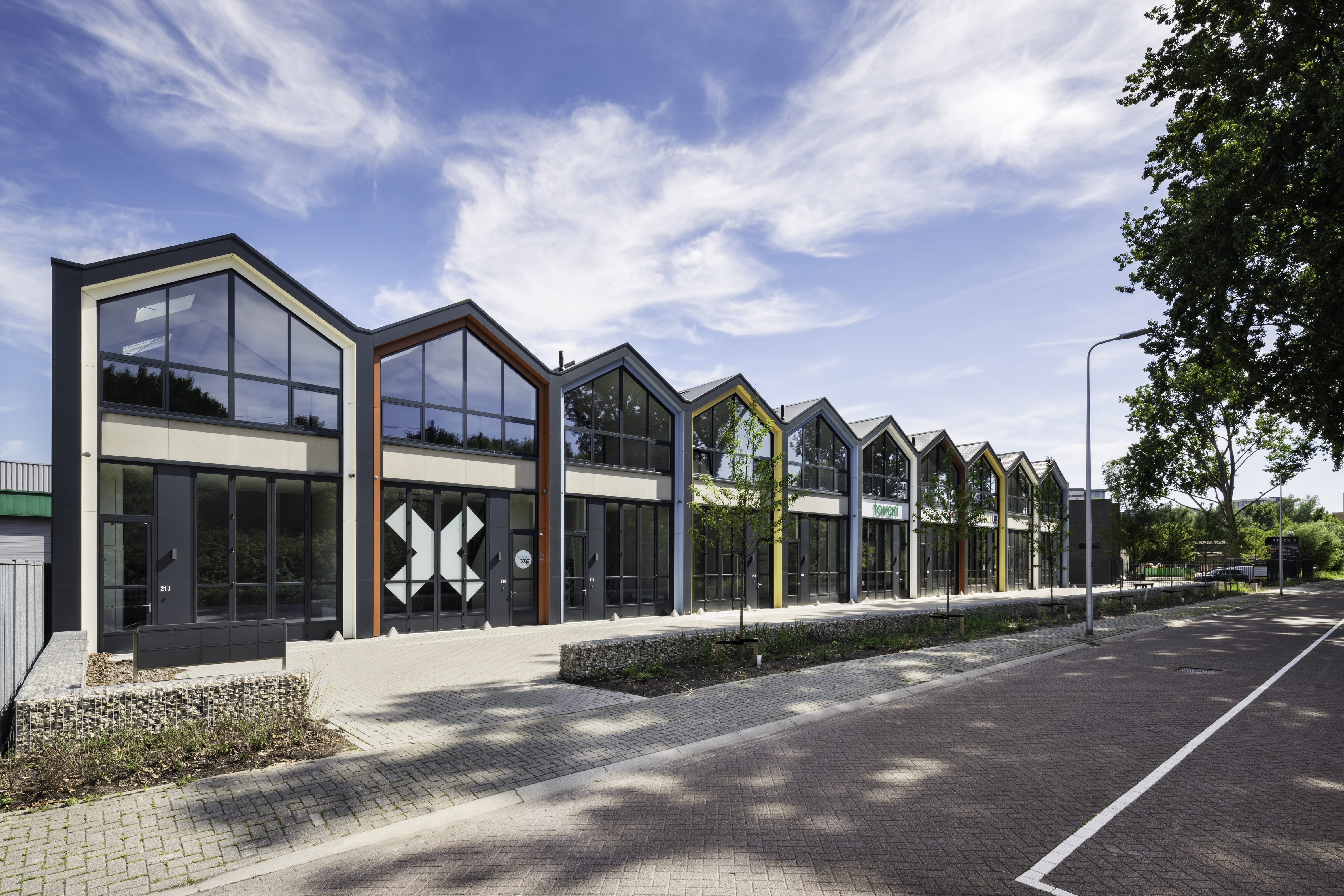 row of shops with glass facades