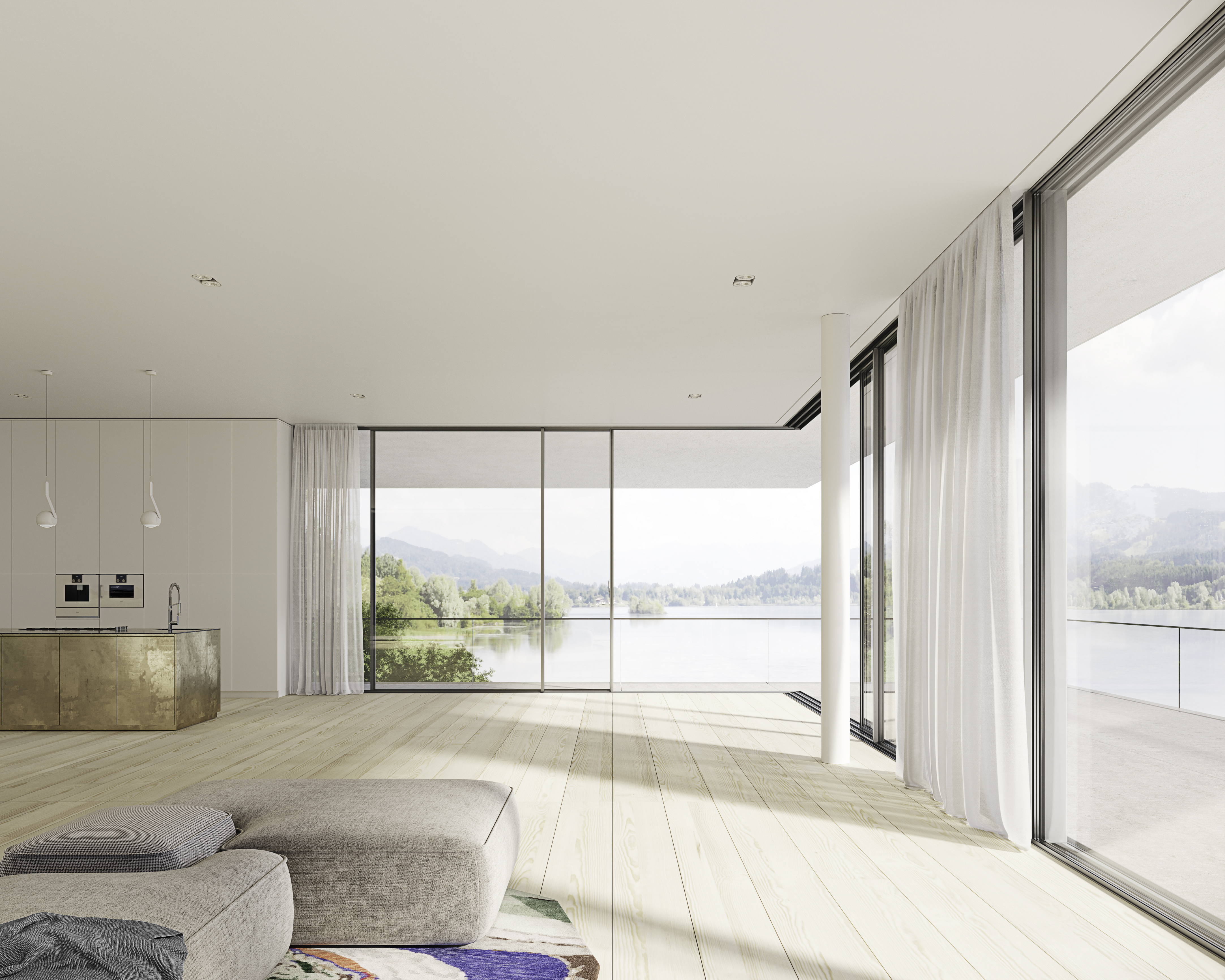 Open corner glazed doors in white house with lakeside views
