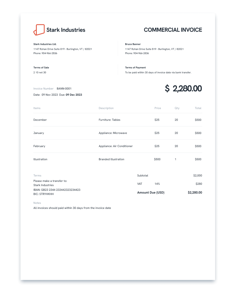 Sample of a commercial invoice