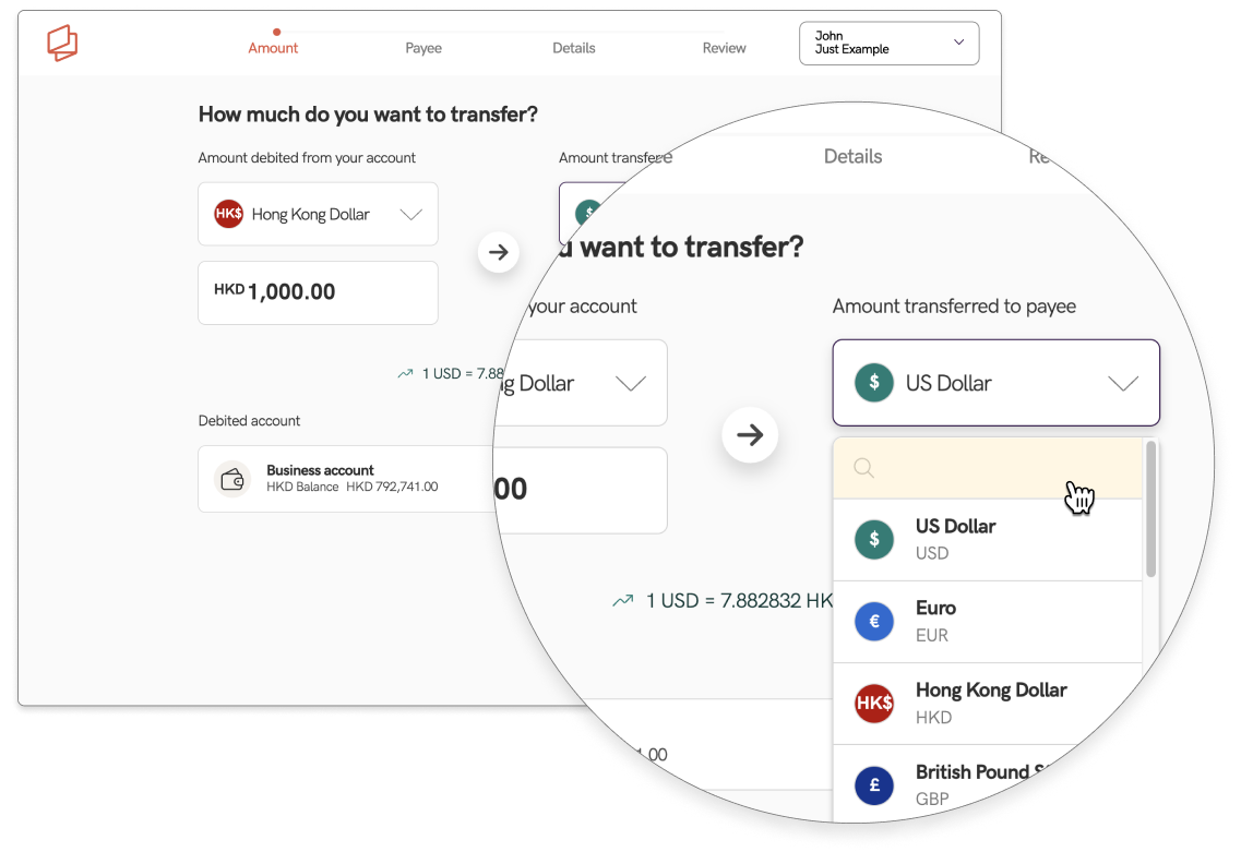 input the amount and currencies of the transfer