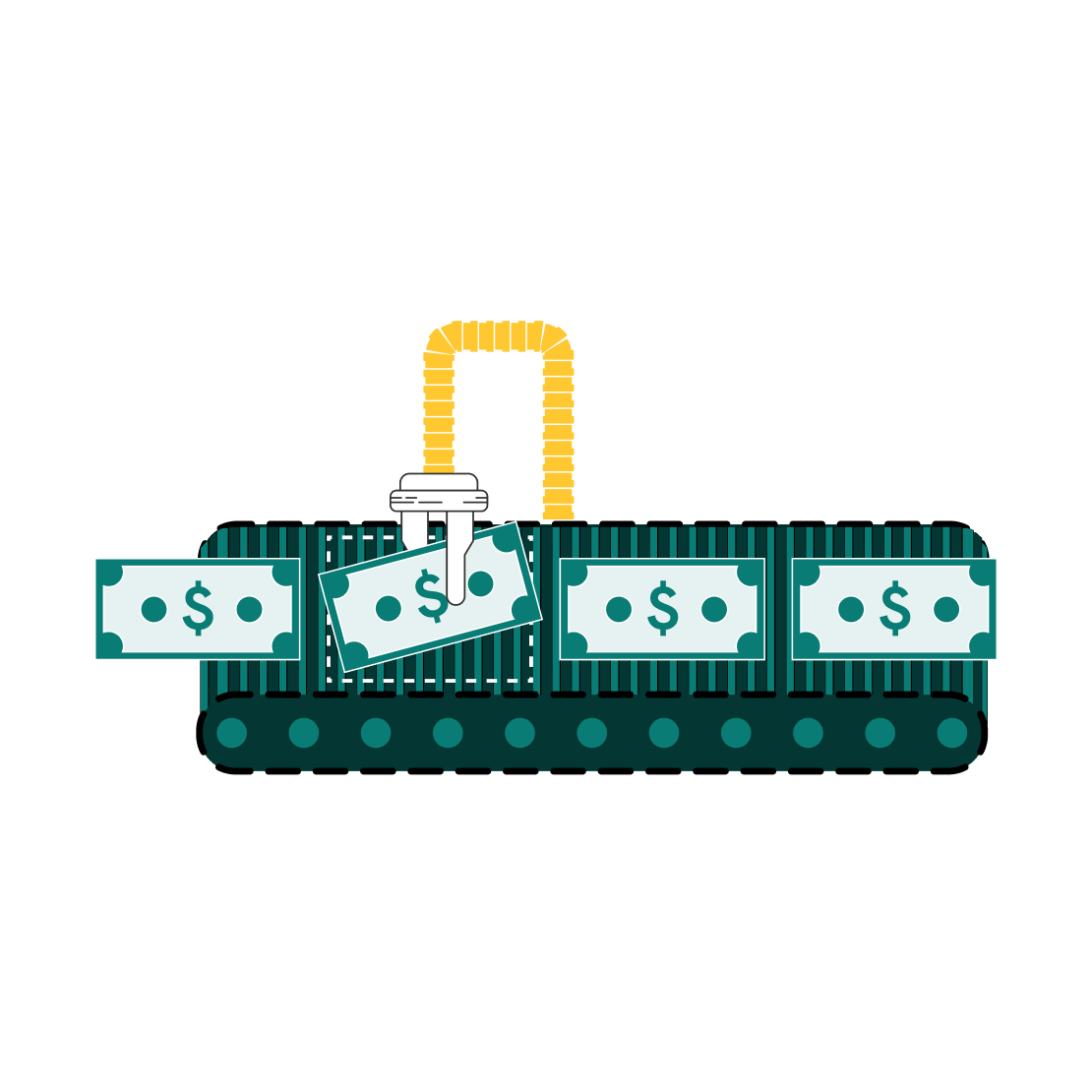 An illustration of a conveyer belt with some bills