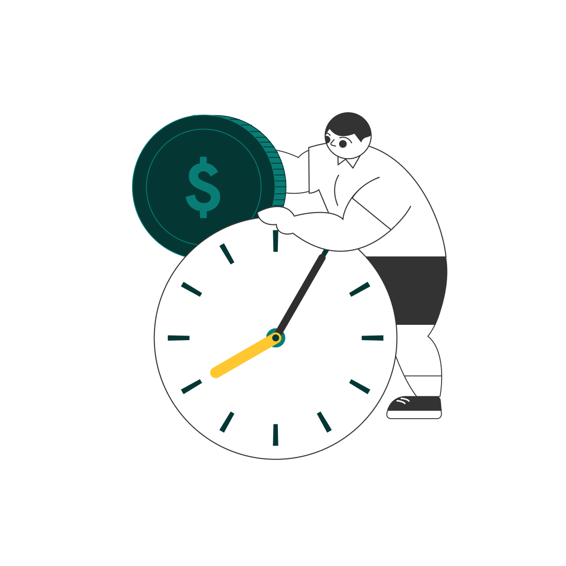 An illustration of a man dealing with a clock and a coin