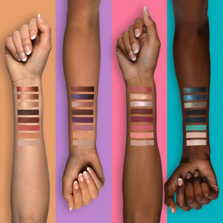 Creative image of different eyeshadow palettes on different skin tones