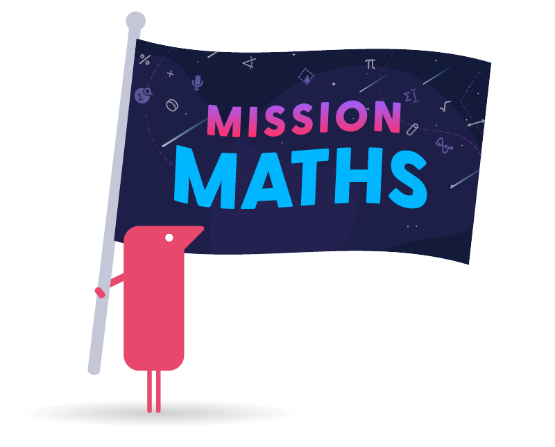 Texthelper character holding Mission Maths flag