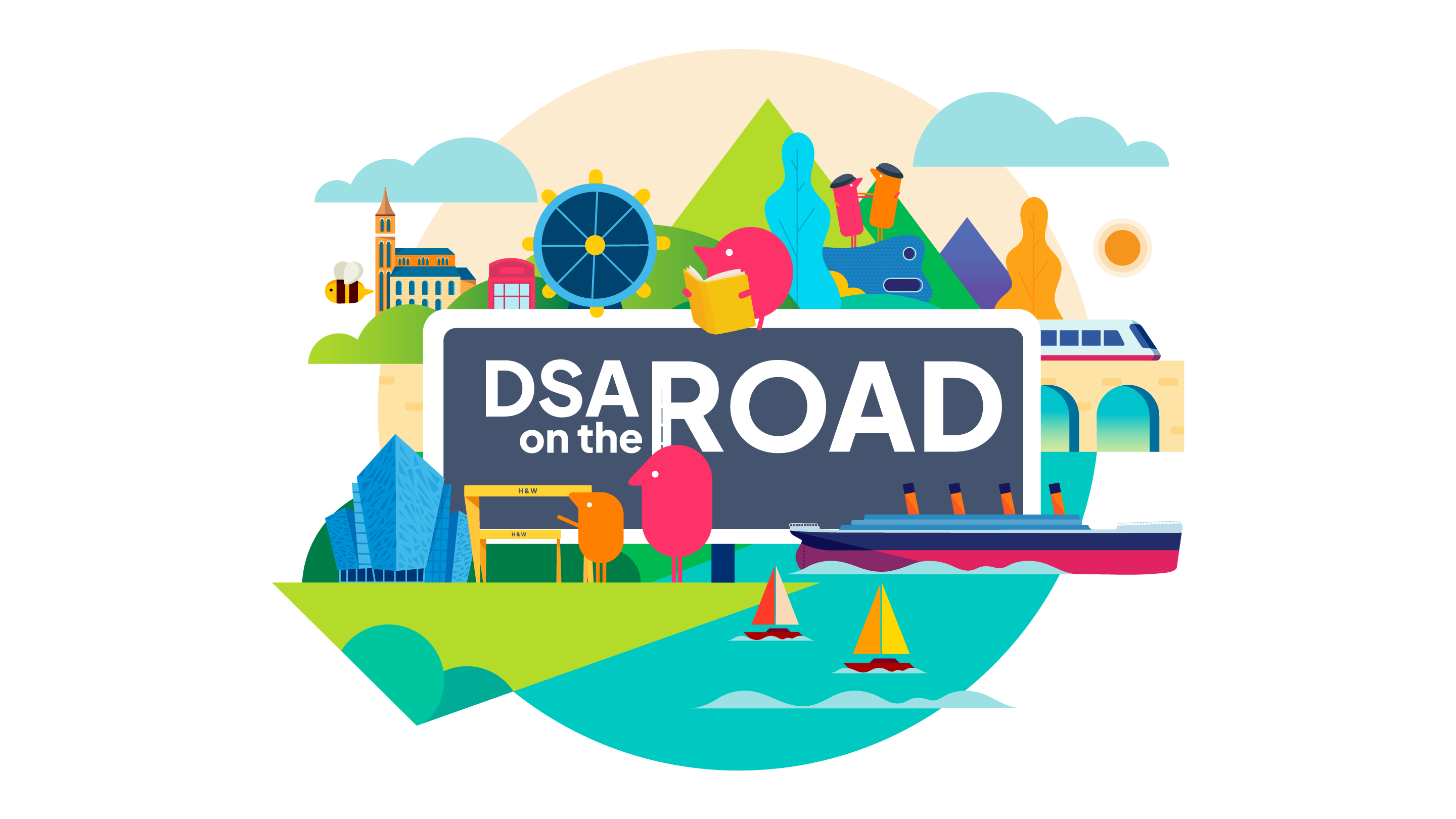 DSA On the Road logo. Cityscape featuring landmarks in London, Manchester, Belfast, Birmingham and Glasgow