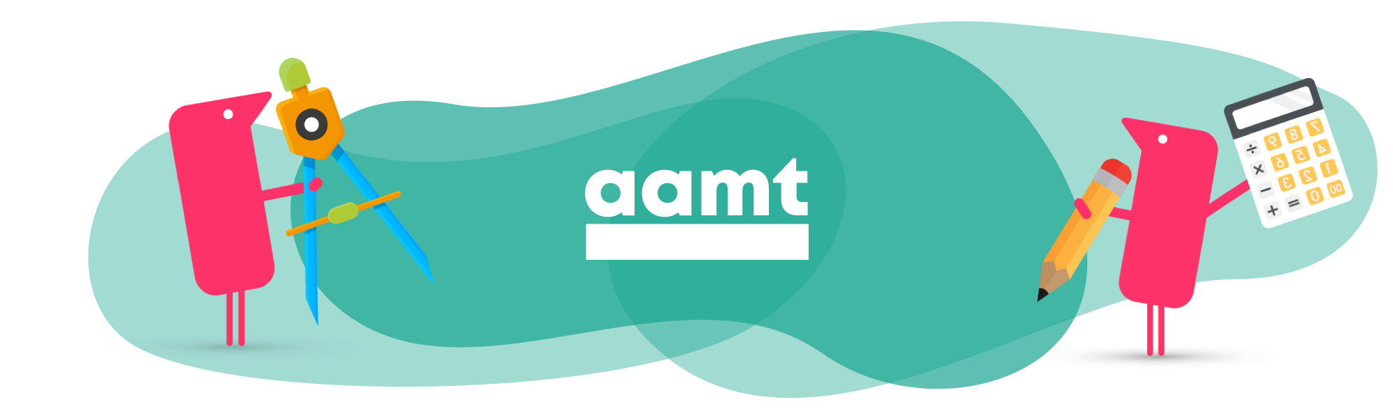 AAMT Logo, with texthelpers using a calculator, a pencil and a compass.