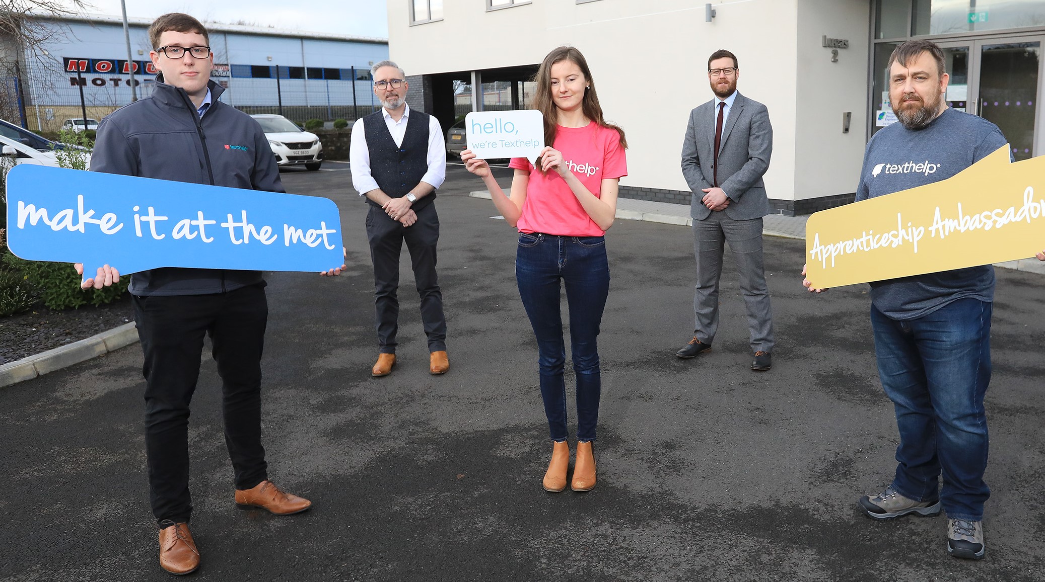 L-R Shay Carroll, Apprentice JavaScript Developer at Texthelp; Martin McKay, CEO at Texthelp; Laura Nixon,Apprentice Social Media Specialist at Texthelp; Aidan Sloane, Head of the Centre for Skills and Apprenticeships at Belfast Met; Stephen Hewitt, Apprentice PHP Developer at Texthelp