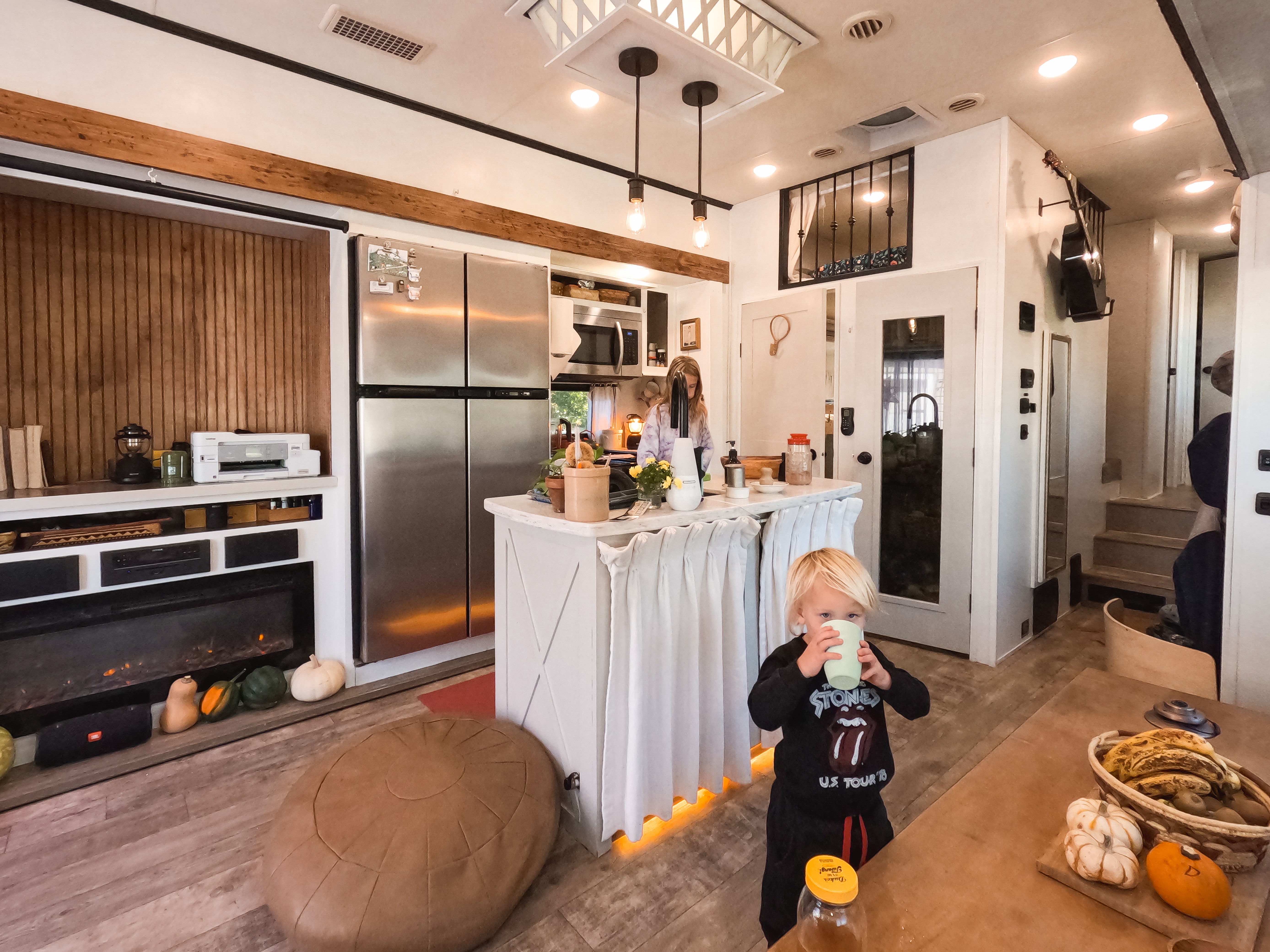 The kitchen and living room of JC and Barbel (Bibi) Barringer's 2018 KZ Durango Gold fifth-wheel