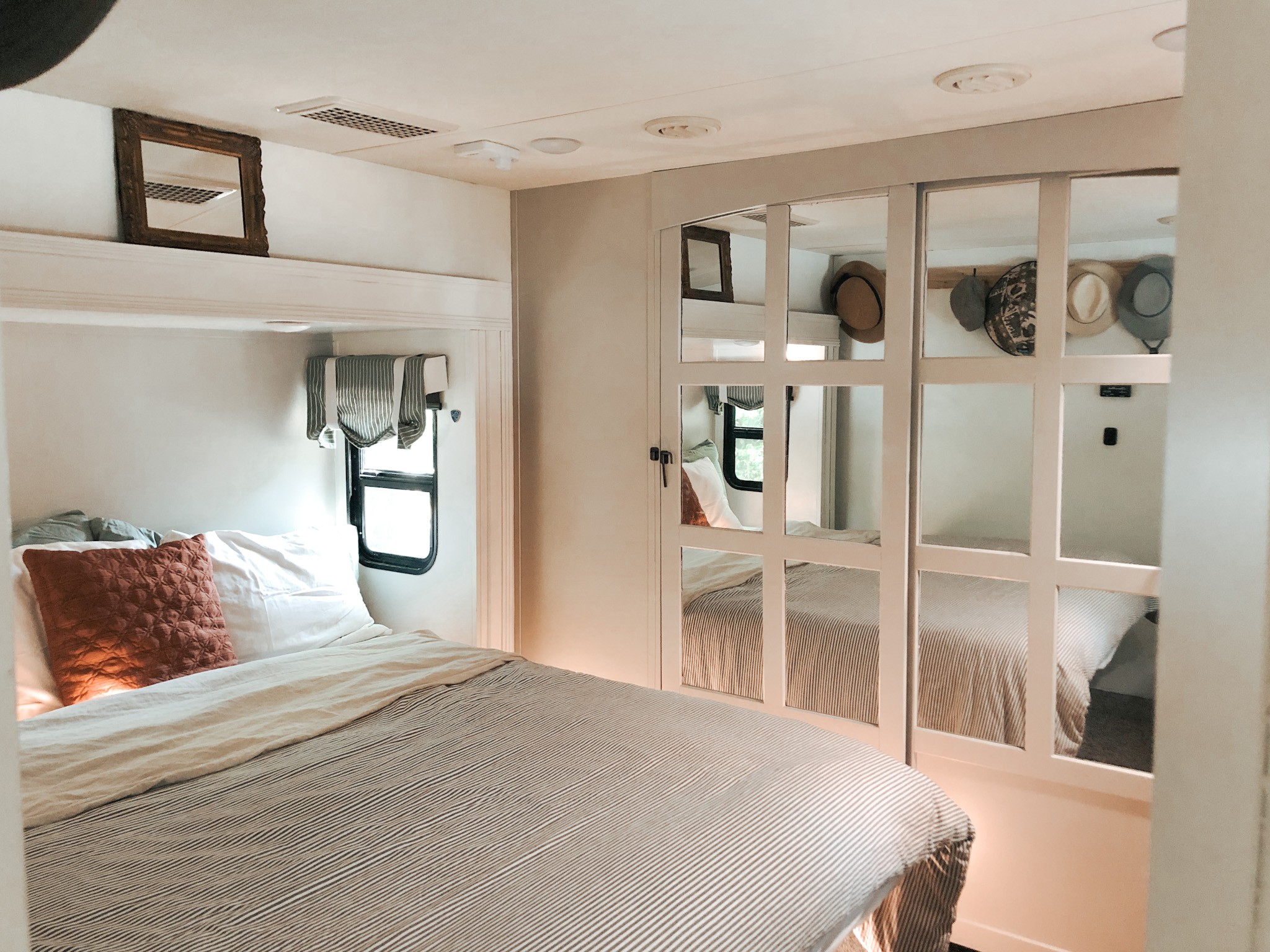 The master bedroom inside the JC & BÄRBEL BARRINGER family's 2018 KZ Durango Gold fifth wheel