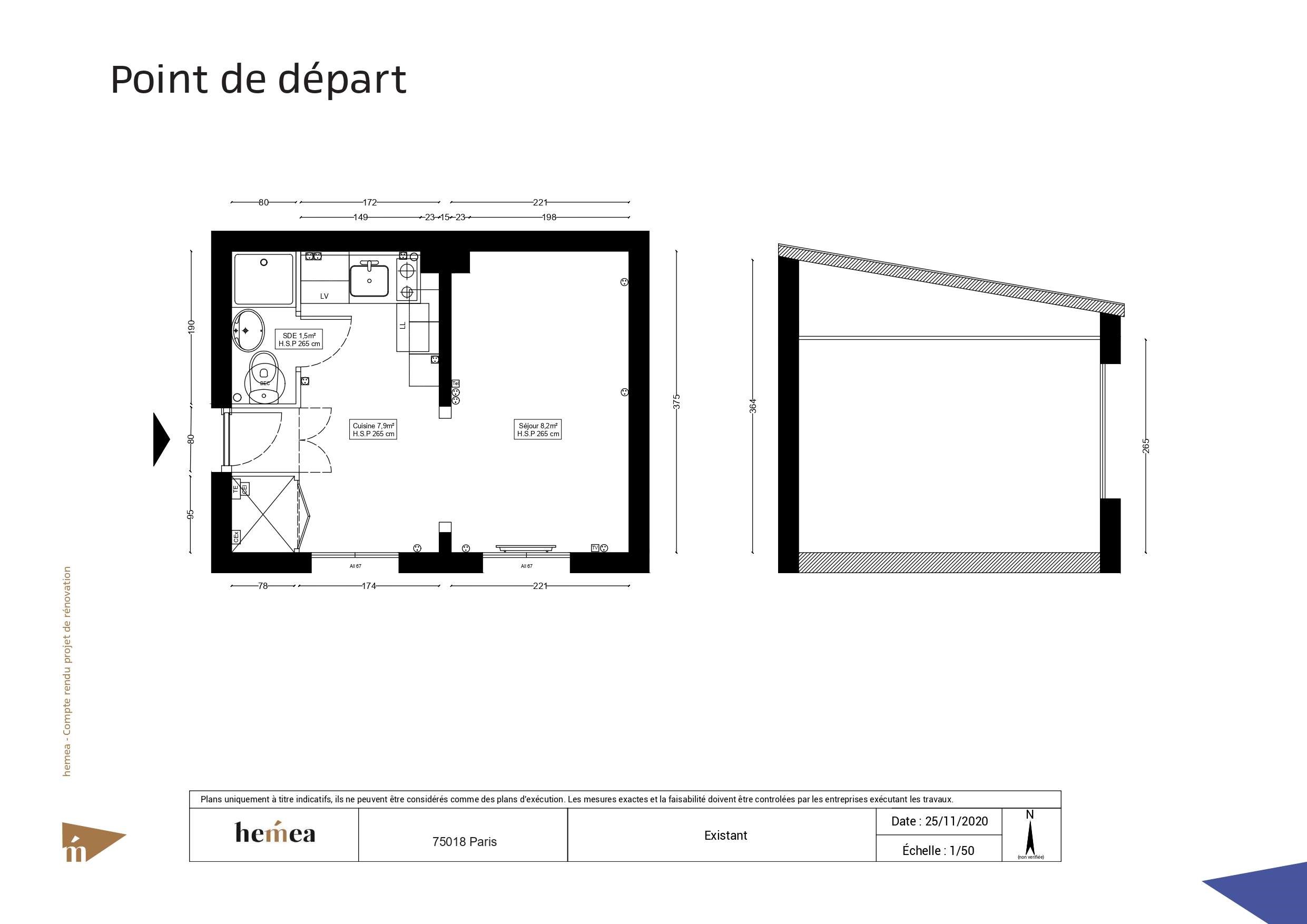 Plan départ Rénovation studio de 18 m² Paris 18