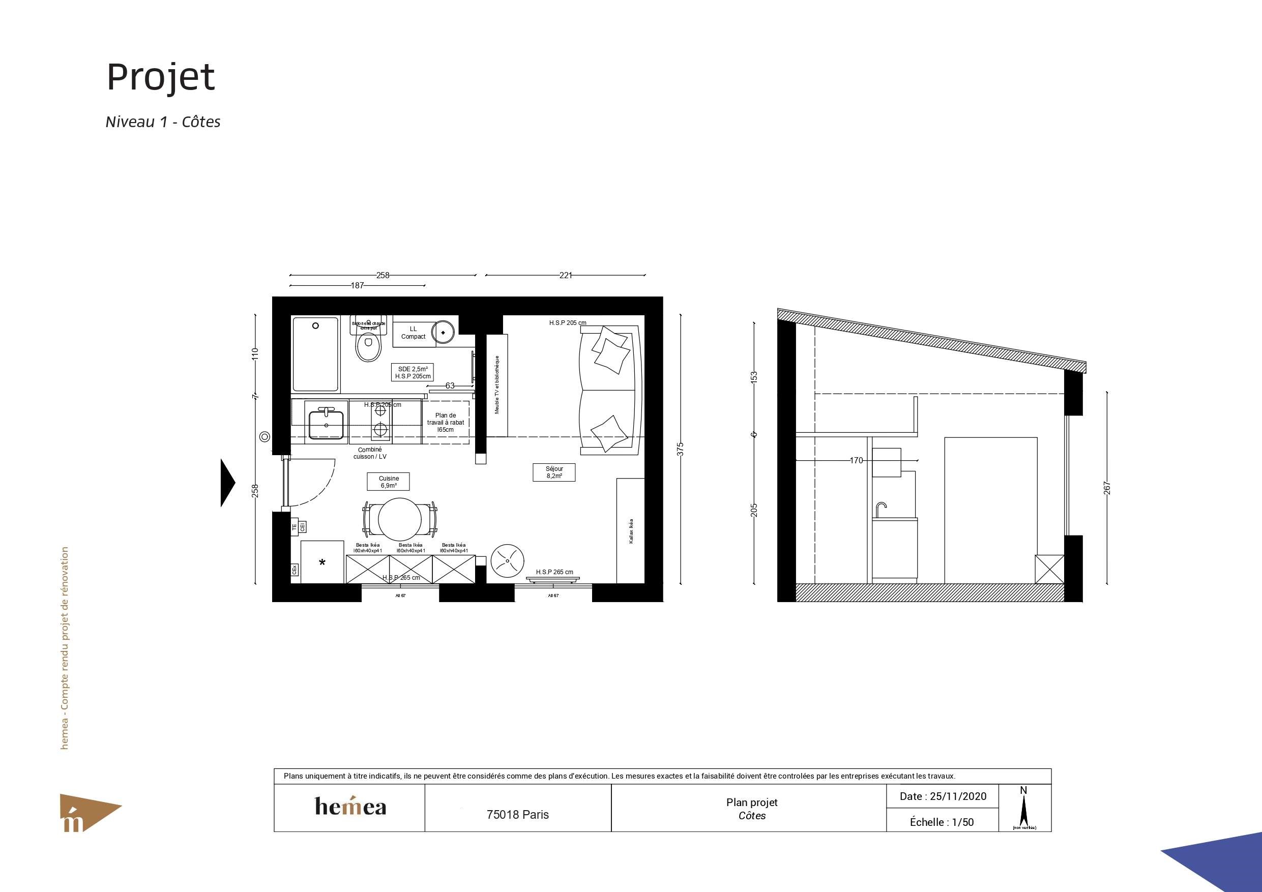 Plan niveau 1 côtes Rénovation studio de 18 m² Paris 1