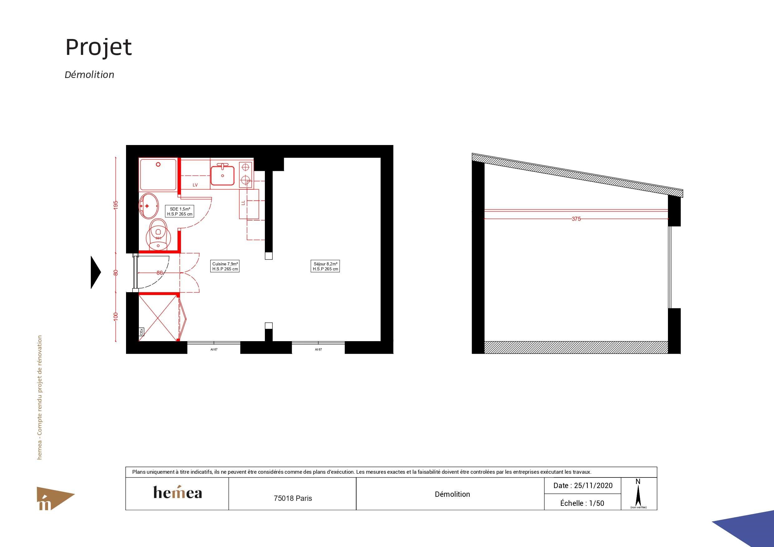 Plan Démolition Rénovation studio de 18 m² Paris 18