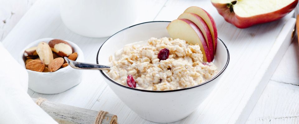 Apple oatmeal in a white bowl
