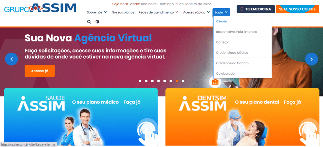 Selecione a opção "Cliente" encontrada dentro da seção de Login do site Assim Saúde.