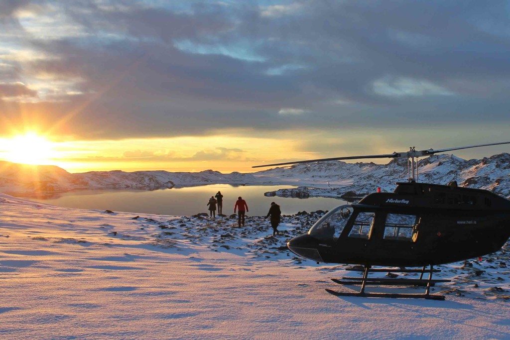 Lake Kleifarvatn by helicopter in winter.