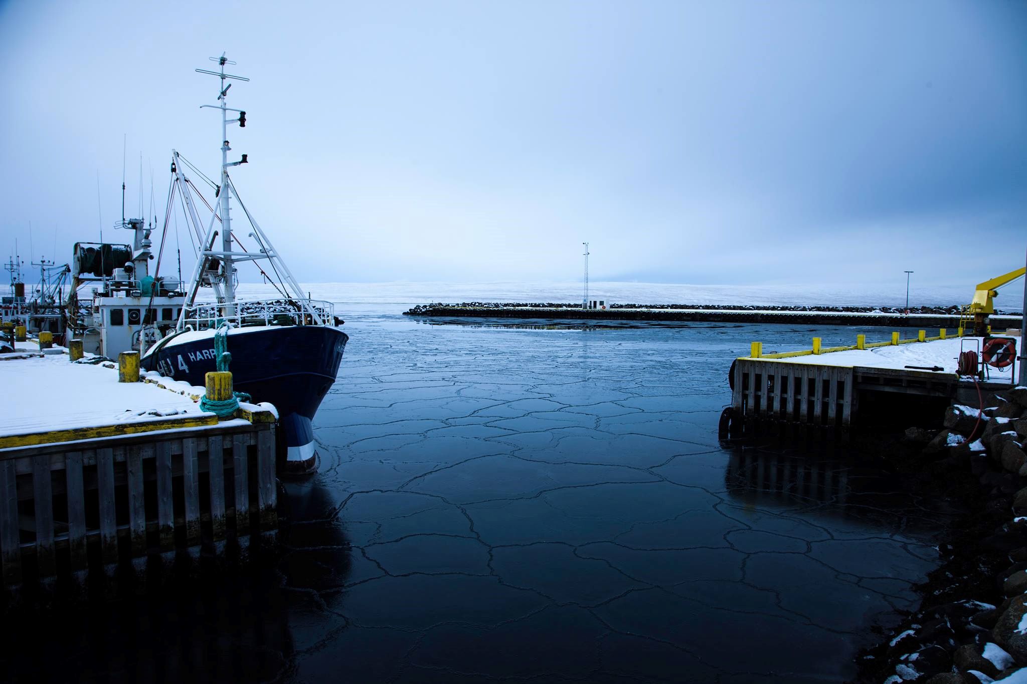 Hvammstangi harbour and fishing boat on a cold winter morning