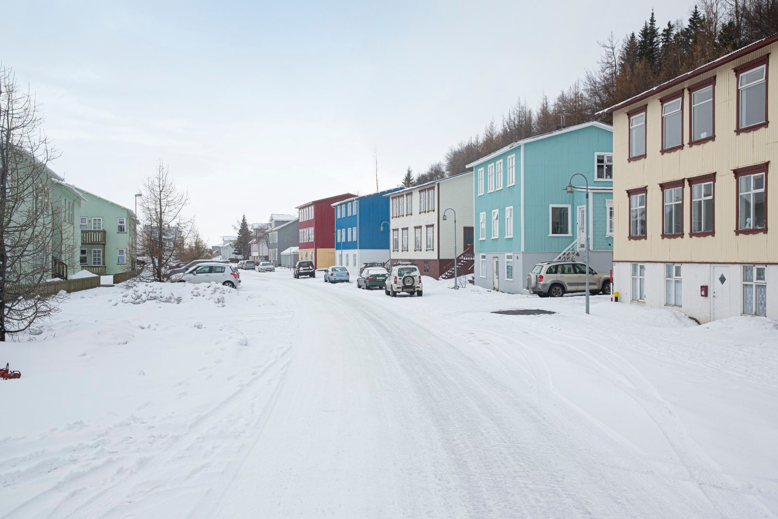 Snowy street scene in Akureyri
