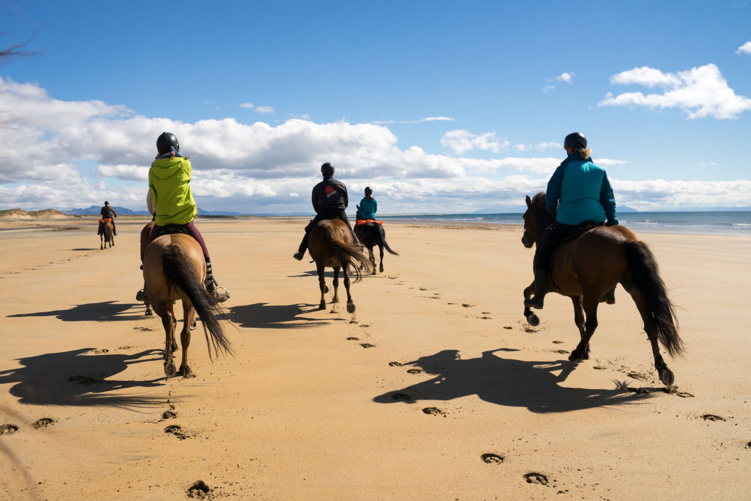 5 horses with riders galloping along a long yellow sand beach in the sunshine. On the right hand side one can see the ocean.