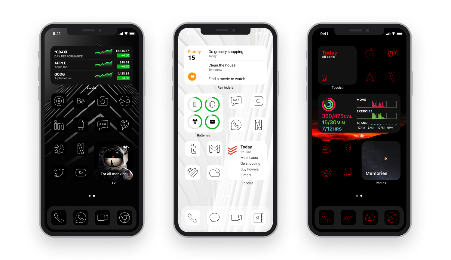 Three homescreens display Lucid Premium in black, white and scarlet.