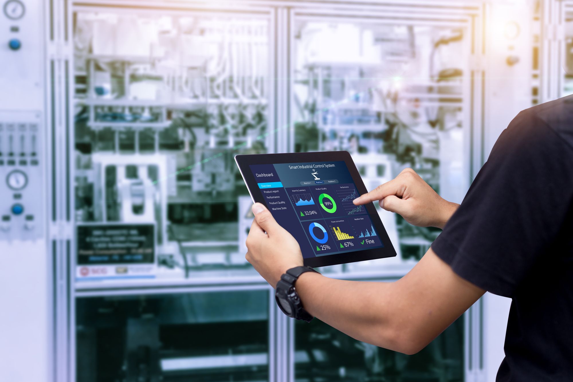 tablet with graphs looking to technical equipment