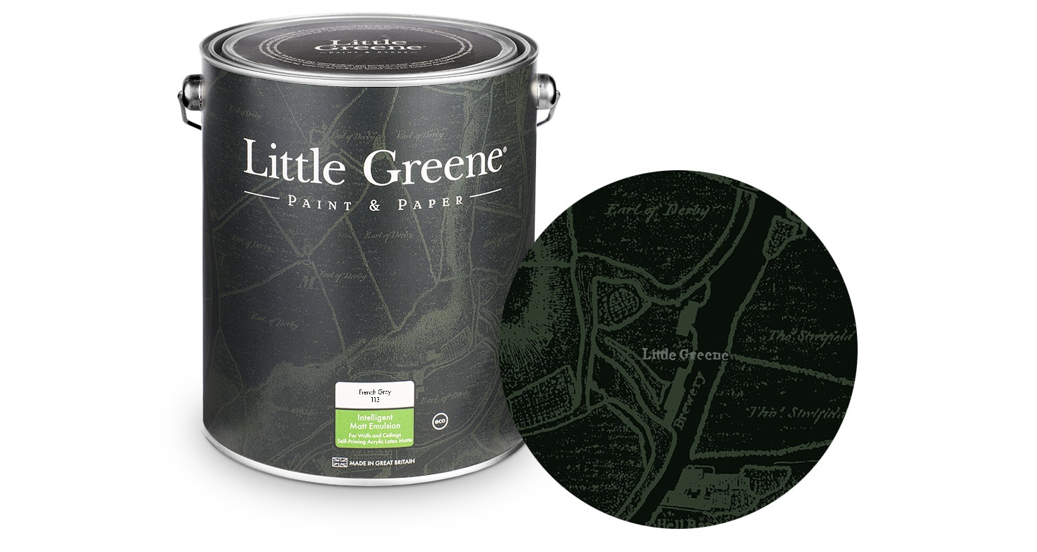 Black Little Greene paint tin with grey abstract pattern, next to a close-up of the same pattern against a white background.