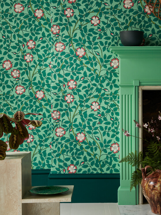 Close-up of National Trust wallpaper (Briar Rose - Green Verditer) with a deep green baseboard.