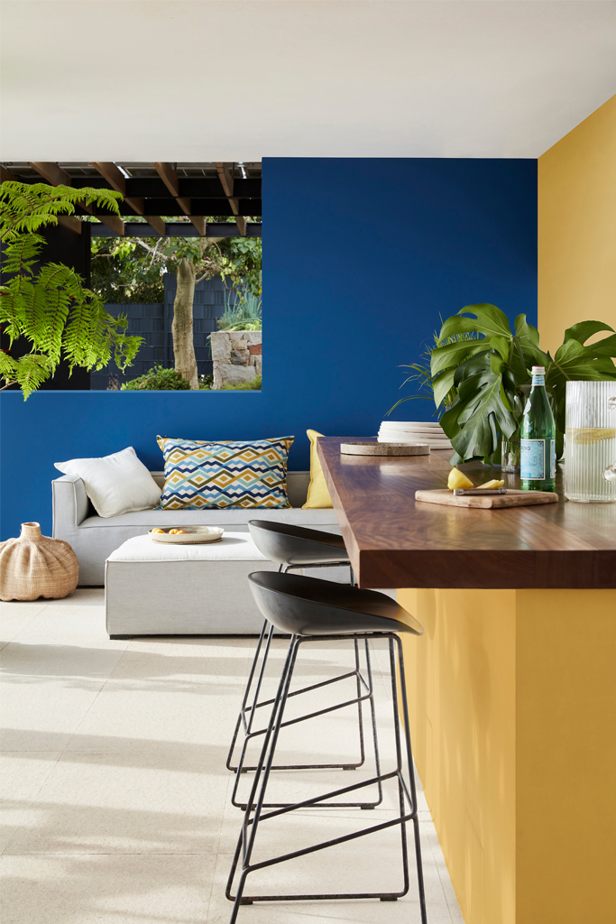 Outside living area with a rich blue (Mazarine) back wall, bright yellow (Yellow-Pink) side wall and wooden bar with seating.