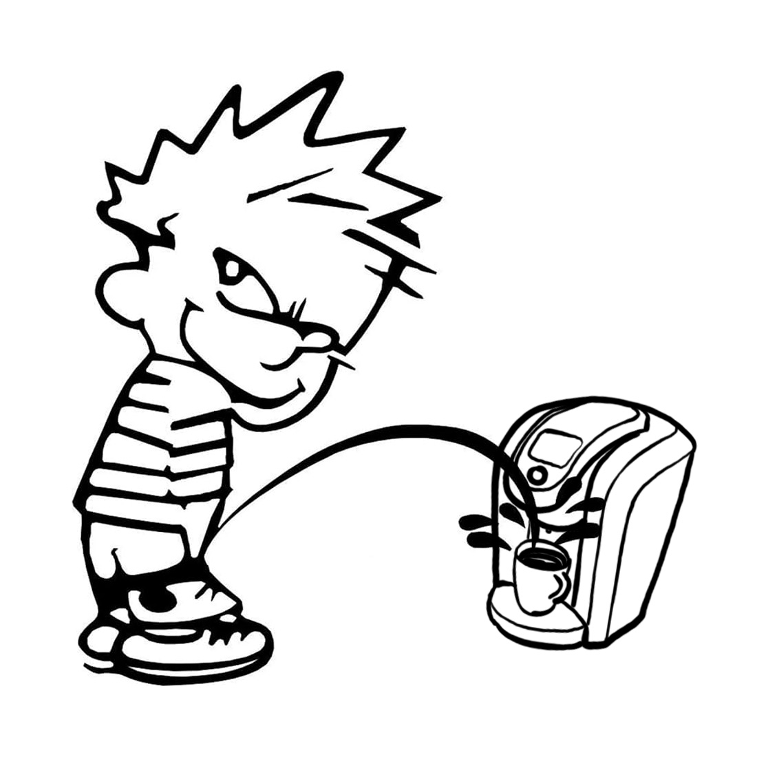 Calvin peeing on a Keurig machine