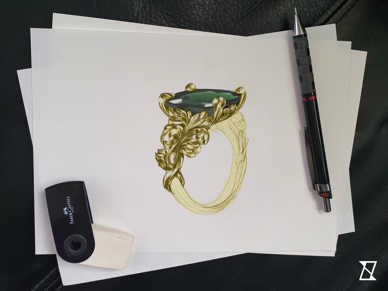 Bespoke pencil concept sketch of a unique ring with tourmaline.