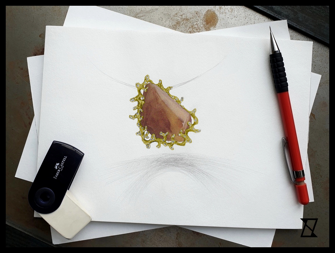 Individual concept sketch of a gold coral necklace featuring baltic amber. 