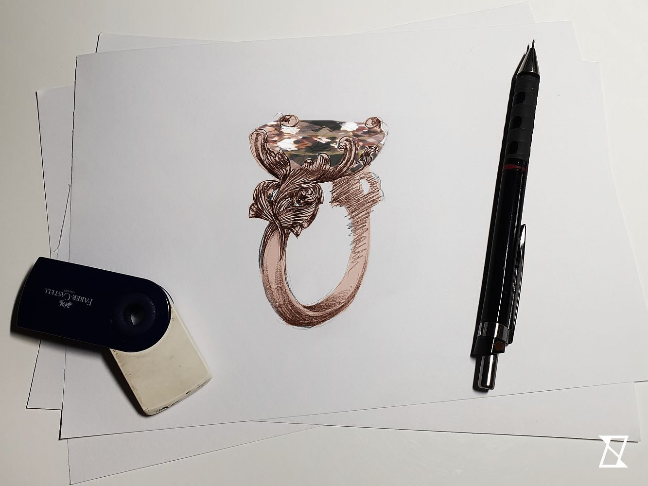 Concept sketch of a morganite ring in rose gold.