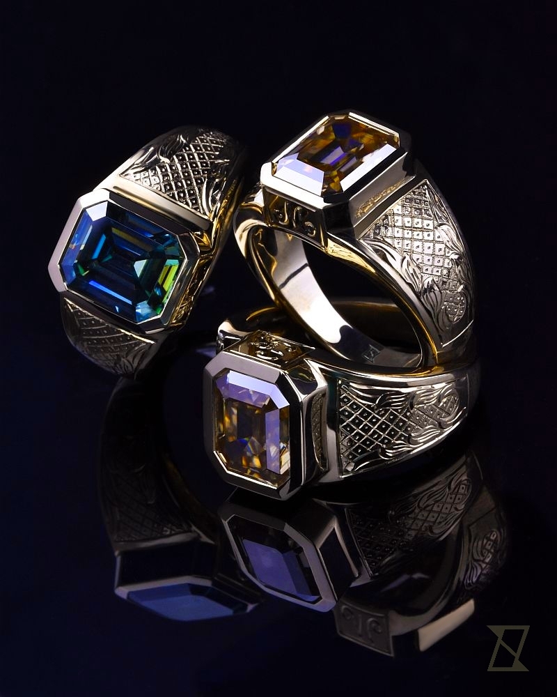 Family signet rings with moissanite in 14k gold. 